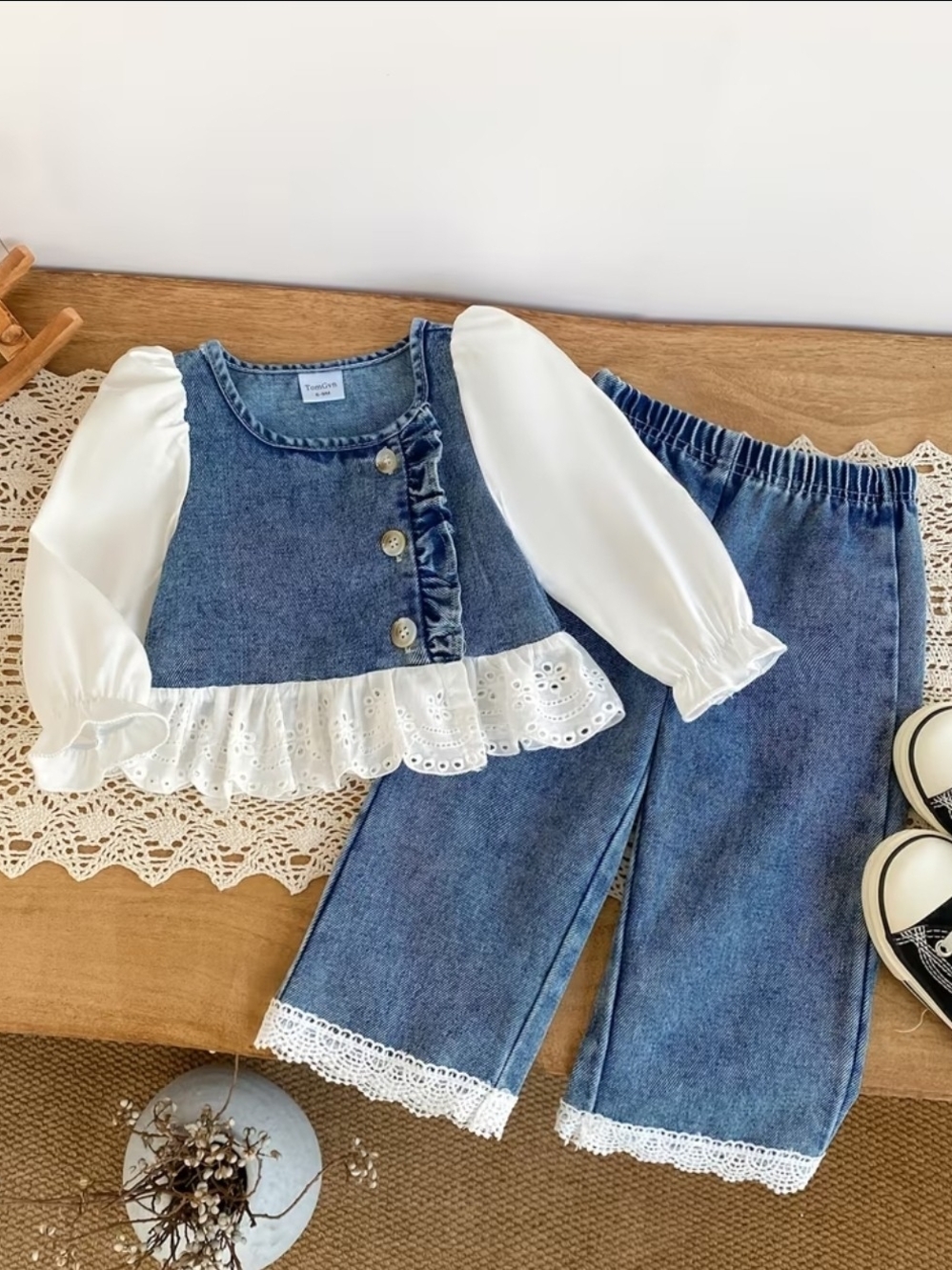 Baby Girl's Denim Two-Piece Set with White Lace Trim Chloe Style New
